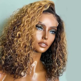 P4/27 Real Hair Wig Women's Highlight Curly Bob Human Hair Wig Ombre Glueless Curly Wig Human Hair for Black Women 13 x 4 Lace Front Wigs Human Hair 12 Inches (30 cm)
