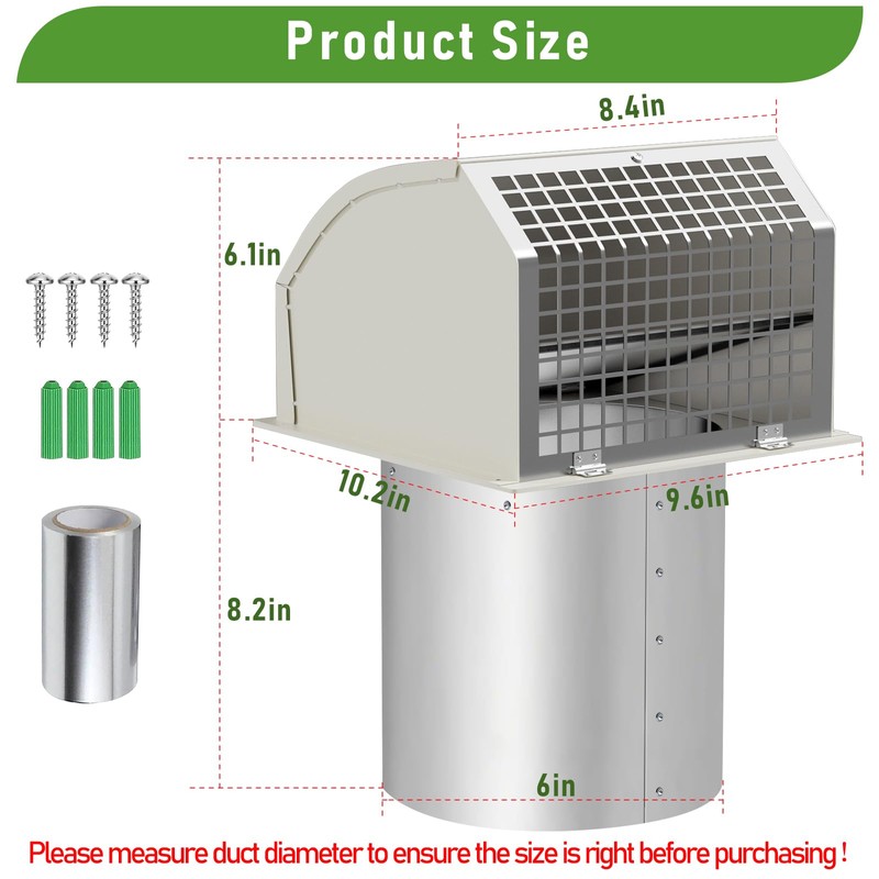 6 Inch Hooded Wall Vent with Damper&Screen, Wall Exhaust Vent