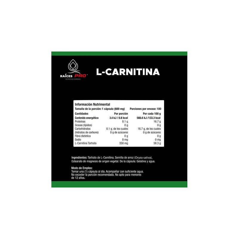 L-Carnitina Calidad Premium Raices Pro Con 100 Cápsulas Sin Sabor