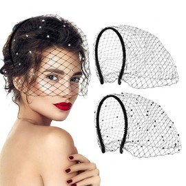 Jansun 2Pcs Black Veil Mesh Veil Headband 1920s Fascinator Headpiece Birdcage Bridal Wedding Tea Party Fascinator for Women Girl