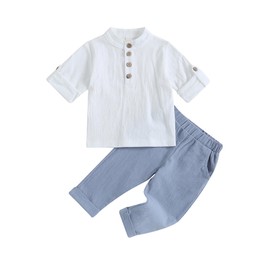 LYSINK Kinder Jungen Sommer Baumwolle Leinen 2 Stück Outfits Knöpfe Kurzarm Shirts mit langen Hosen Farbe Clash Bekleidungssets, A-a-a-blue, 2-3 Years