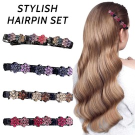 Pack of 4 Hair Clips with Sparkling Crystal Stones, Double Plum Blossom Rhinestone Hair Clips, Braided Rhinestone Hair Clips for Women and Girls, Double Layer Hair Clips for Women and Girls