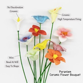 Ceramic Flower Bouquet Set of 10 Handcrafted Decorative Floral Arrangement Multi-Color Pastel Blossoms Artificial Clay Flower with Wire Stems Home Decor Gift for Her (Single Layer Petal)