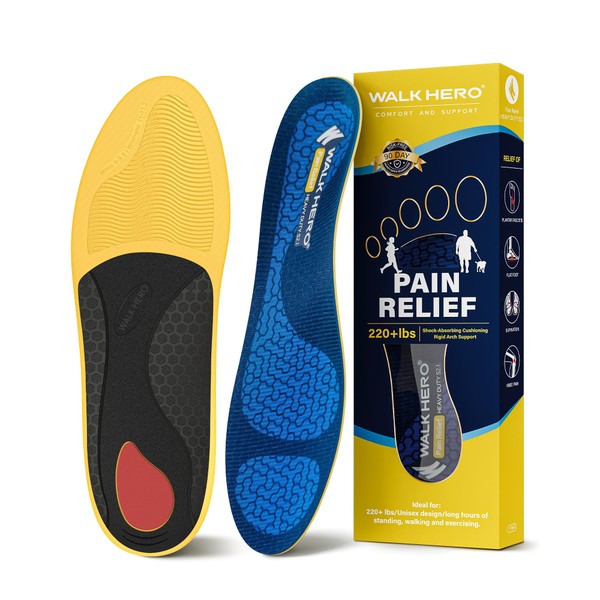 WalkHero Heavy Duty Pain Relief Insoles, 220+lbs High Arch Support