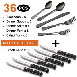 LIANYU 36-Piece Black Silverware Set with Steak Knives, Stainless Steel Flatware Cutlery Set for 6, Modern Eating Utensils Tableware, Mirror Finish, Dishwasher Safe