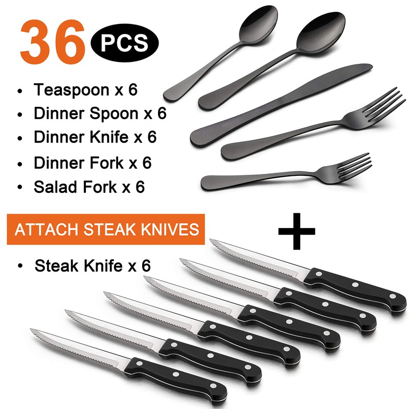 LIANYU 36-Piece Black Silverware Set with Steak Knives, Stainless Steel