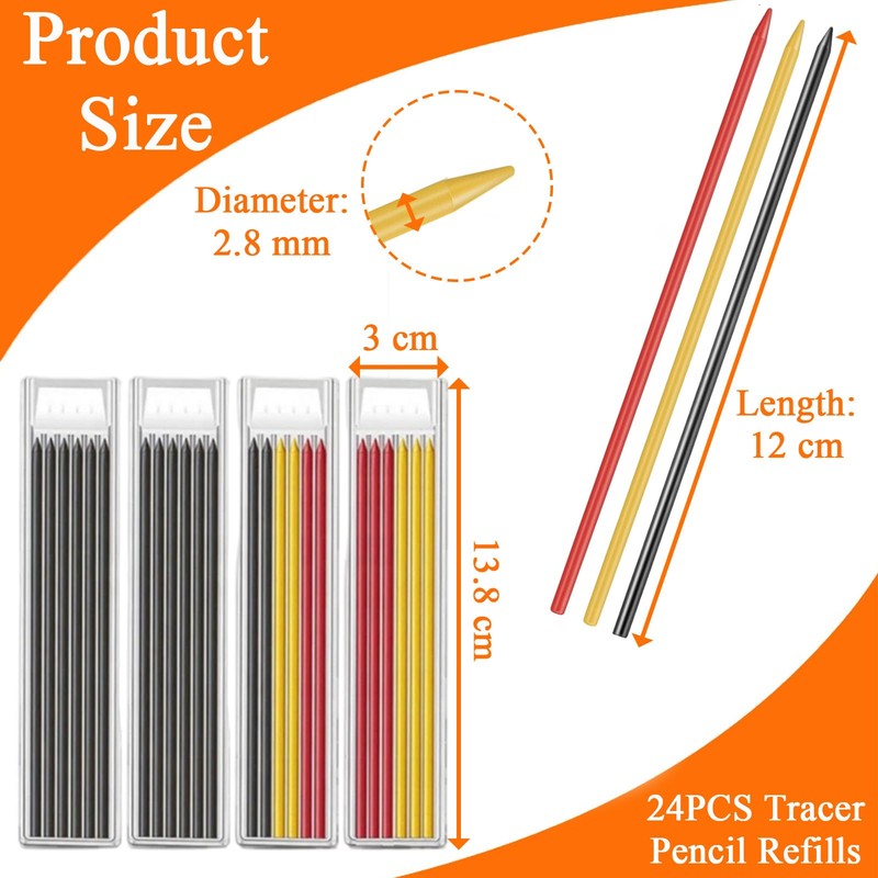 24PCS Tracer Pencil Refills, 2.8mm Carpenters Pencil Refills Replacement, Solid
