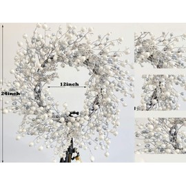 Huashen 24 Inch Winter Front Door Wreath Winter Berry Wreath Metallic Effect Pearl White & Silver Berry Christmas Wreaths for Front Door Wall Window Hanging Christmas Decoration Home Décor