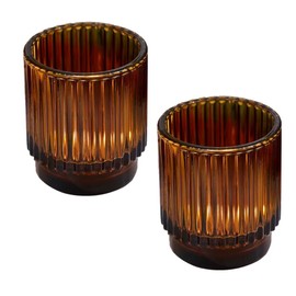 2Pcs Votive Candle Holders,Ribbed Amber Glass Candle Holder,Brown tealight Candle Holder for Table Centerpiece, Wedding, Baby Shower, Home and Party Decorations (Brown)