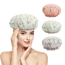 Acpetdr Shower Cap for Women, Elastic and Reusable, Environmental Protection Hair Bath Caps, Double Waterproof Layers Bathing Hat, 3 Pieces