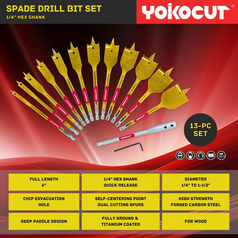 Spade Drill Bit Set, 13pcs Paddle Bits in SAE, 1/4