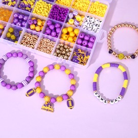 Game Day Beads for Bracelets Making Kit Heishi Clay Pearl Letter Assorted Round Bead Gold Spacer Beads Football Charms for DIY Bracelets Necklace Jewelry Making (Purple Yellow Game Day Kit)