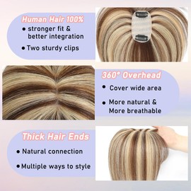YOOSDPET Hair Toppers for Women Real Human Hair， 360°3D Cover Topper for Women with Thinning Crown Side Bangs in Bangs Realistic Scalp Line Hair Pieces (Medium Brown Mix Blonde, Side Bangs)