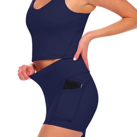 Natural Uniforms Women's High Waist Yoga Shorts with Tummy Control (True Navy Blue, X-Large)
