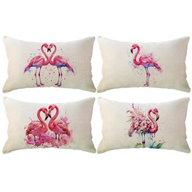 ULOVE LOVE YOURSELF 4Pack Flamingo Throw Pillow Cases with Watercolor Pink Floral Tropical Design Home Decorative Lumbar Cushion Covers 12"×20" for Sofa Couch Porch(Pink)
