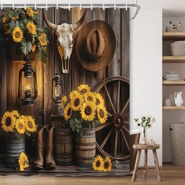 Western Cowboy Rustic Shower Curtain Farmhouse Brown Barn Door Wood Wooden Sunflower Southwest Country Vintage Rural Polyester Fabric Bathroom Decor 70×70 Inch with Hook