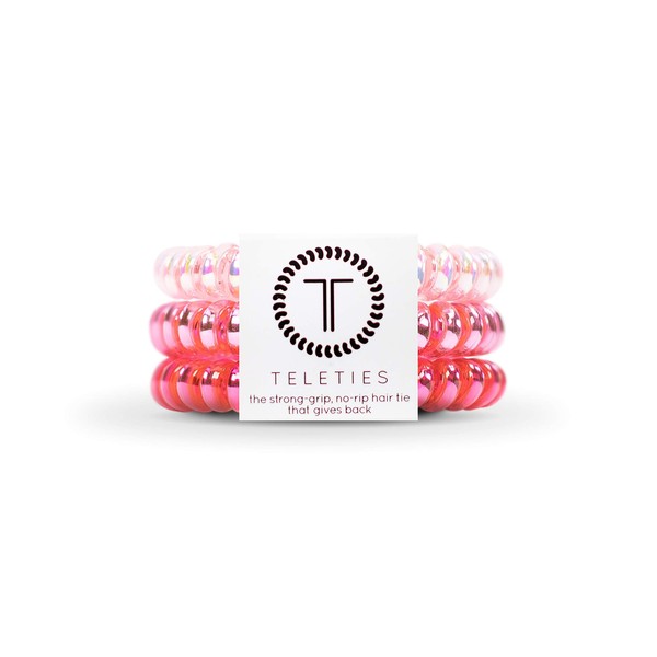 TELETIES - Spiral Hair Coils - Ponytail Holder Hair Ties for Women - Phone Cord Hair Ties - Strong Grip, No Rip, Water Resistant, No Crease Hair Tie Coils - 3 pack (Small, Think Pink)