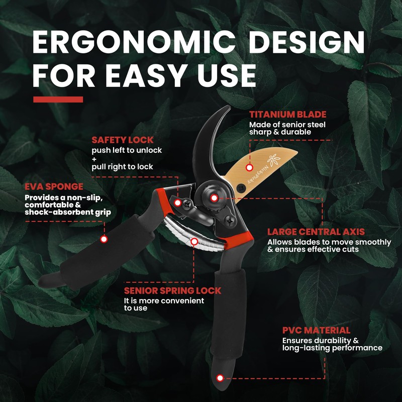 NickyPicky Secateurs Heavy Duty- Precise Pruning Power with Bypass Titanium,
