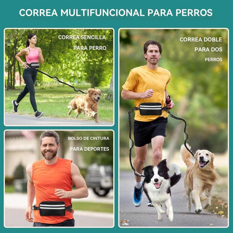 Correa Manos Libres para 2 Perros, Cierre de Seguridad y