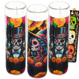 3 Pack Dia de los Muertos Religious Candles - Bundle with 8" Dia de los Muertos Sugar Skull Candles for Ofrendas, Vigils, Prayers, Blessing Ceremonies, More Plus Bookmark | Devotional Candles in Glass