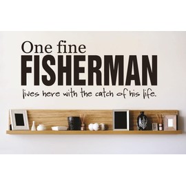 One Fine Fisherman Lives Here with The Catch of His Life Wall Decal Catches Fish Fishing Shark Home Living Room Bedroom Removeable Cute Decoration - Size: 12 in x 24 in