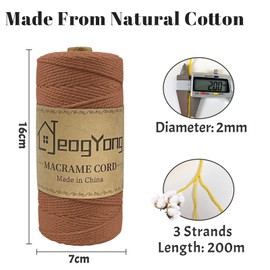 JeogYong Macrame Cord 2mm x 218 Yards, 3-Strand Twisted Natural Cotton Rope, Cotton String Coloured Craft Cord for Plant Hanger Wall Hanging Knitting Crafts, Caramel Color