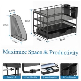 ECOLOVI Desk Organizer, 4-Tier Paper Organizer Letter Tray with File Holder, Drawer and 2 Pen Holders, Desktop File Organizer for Office Supplies, Workspace Storage, Black