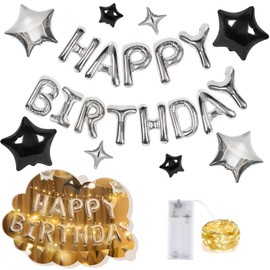 CANREVEL Happy Birthday Banner 13pcs 16 Inch Mylar Foil Letters Sign with 8pcs Star Balloons & LED Lights Birthday Party Decorations for Kids and Adults - 3D Silver
