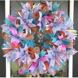 Beautiful Birthday or Baby Shower Wreath Present Gift Ribbon Deco Mesh Front Door Wreath Home Holiday Decor Fun Festive Indoor Outdoor, Porch Patio Decoration
