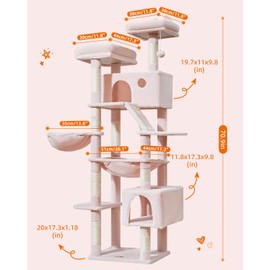 Taoqimiao 71-Inch Large Cat Tree for Large Cats, Plush Multi-Level Cat Condo with 8 Scratching Posts, 2 Perches, Cave, Hammock, 2 Pompoms, Scratch Board for Indoor Cats -MS026LP Jelly Pink
