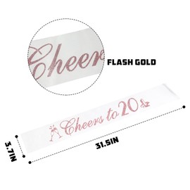 PYQWA Cheers to 20 Sash with Rose Gold Foil - White Soft Satin for Girls - 20th Birthday Sash Gifts - 20 Years Old 20th Birthday Party Favors Supplies
