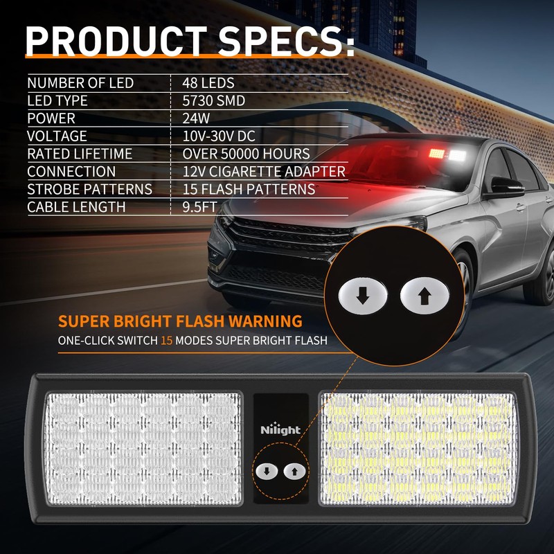 Nilight Red White 48LED Visor Strobe Lights Interior Windshield Emergency