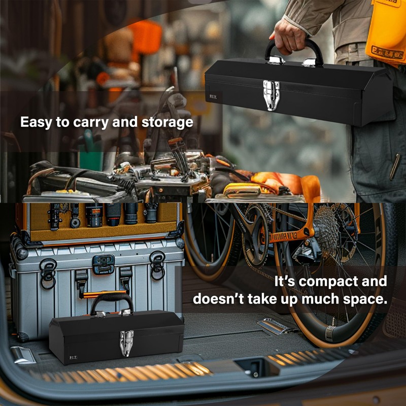 P.I.T. 15'' Small Tool Box, Portable Metal Tool Box, Black
