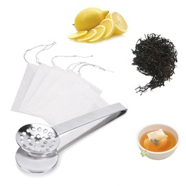 CoscosX Round Stainless Steel Tea Bag Tongs Teabag Squeezer Infuser Strainer Filter Holder Grip and Non-Woven Tea Filter Bags Metal Spoon Mini Sugar Clip Resistant Kitchen Bar Tools
