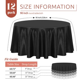 REWOMC 12 Pack 90 Inch Round Tablecloth, Black Satin Fabric Table Cloth for Round Tables, Wrinkle Resistant Washable Table Cover Bright Silk Tables Clothes for Wedding Party Dining Banquet