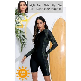 Halcurt Women's Boyleg One Piece Rash Guard with Built in Bra UPF50+ Zip Long Sleeve Full Body Modest Swimsuit Yellow Triangle Dots Black M