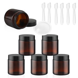 DynnnDy 100ml/3.4oz Amber Glass Jars with Black Lids & Inner Liner 6 Pcs Empty Refillable Cosmetic Container for Cream Essential Oil Body Butter Gel Lotion Ointments Powder Candle Making,6 Spatulas