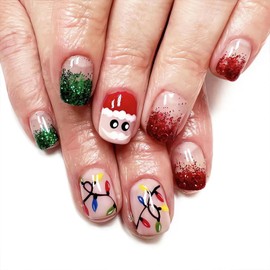 Christmas Short Fake Nails Square Press on Nails with Santa Claus and Christmas Light Designs Cute Christmas Glue on Nails Red Green Glitter French Stick on Nails Christmas Artificial Nails for Women