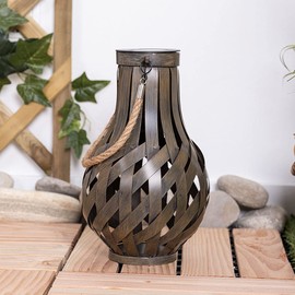 Garden Decoration Lantern Solar Lantern with Bamboo Mesh for Hanging or Standing, LED Warm White, D x H 27 x 17.5 cm, Garden Patio