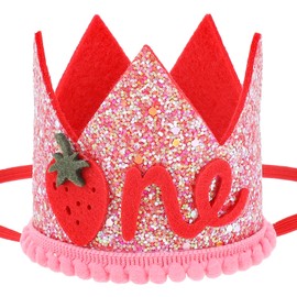 Sorcristy Strawberry 1st Happy Birthday Hat, Cute Baby First Birthday Hat Decoration, Strawberry Sweet Decorations Crown Headwear for Baby Girl Party Photo Props (Red)