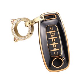 ontto 5-button Car Key Case Fit for Nissan Pathfinder Rogue 2023 2024 Key Fob Cover Gold Edge TPU Smart Remote Key Holder Bag, Black-c, Cat-keychain