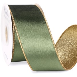 Ribbli Sage Green Velvet Ribbon Wired 2.5 Inch Glossy Velvet with Gold Glitter Christmas Ribbon for Christmas Tree Decoration Big Bow Gift Wrapping Crafts Wreaths Supplies - Continuous 10 Yards