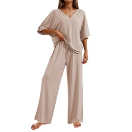 Ekouaer Womens Pajamas Short Sleeve Pullover Tops and Long Pants Pjs Lounge Wear Sets 2 Piece Outfits,Beige,S