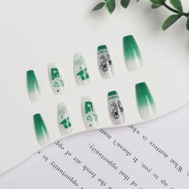 BFY St Patrick's Day Press on Nails Medium Coffin Shamrock Fake Nails, Green Hat Clover Flower Rhinestones Acrylic Nails, Irish Nude Glossy Gel False Nails Kit Stick Glue on Nails Tip, 24 Pcs