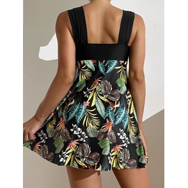 Floerns Women's 2 Piece Bathing Suit Sets Beach Tankinis Swimwear Dress with Boy Shorts, Black Multi, Medium