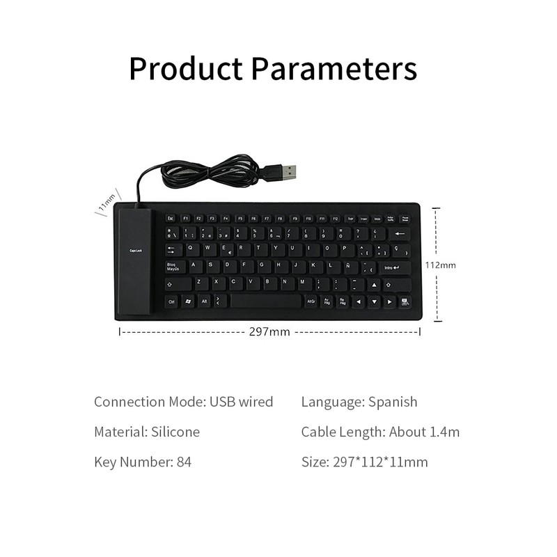 84 Keys Spanish USB Wired Silicone Keyboard Foldable Soft Silicone