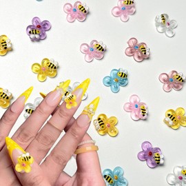 150PCS Bee Flower Nail Charms, 3D Resin Mixed Colors Cute Bees Jewelry Spring Nail Art for Women Girls Manicure DIY Nail Decoration