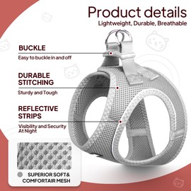 TwoEar Cat Harness Escape Proof, Soft Dog Vest Harness Adjustable, Breathable Mesh Step-in Puppy Walking Jacket Reflective Easy Control for Extral Small Pets for Outdoor Walking(XXXS, Grey)