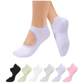 NEDLON (6 Pairs) Yoga Grip Socks for Women Pilates Socks with Grips Open Top Non Slip Grippy Socks for Yoga, Barre, Lagree, Pregnancy, Zumba (Standard, Black+Pink+Green+Purple+White+Gray)