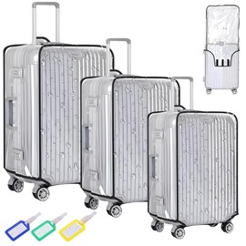 LAGAHS Pack of 3 Suitcase Covers Protectors with 3 Pieces Luggage Tags, Transparent Luggage Covers, Clear Waterproof Suitcase Cover for Travel, Business, Trip, Daily Use (20 + 22 + 24 inches)